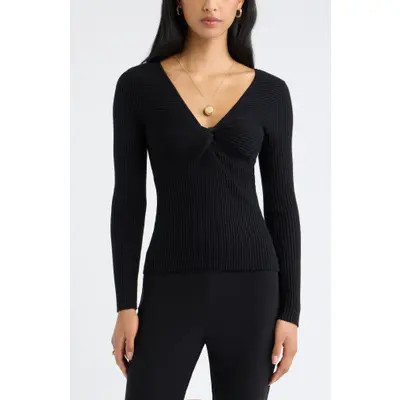 Open Edit Knot Front Ribbed V-Neck Sweater in Black at Nordstrom, Size X-Large | Nordstrom