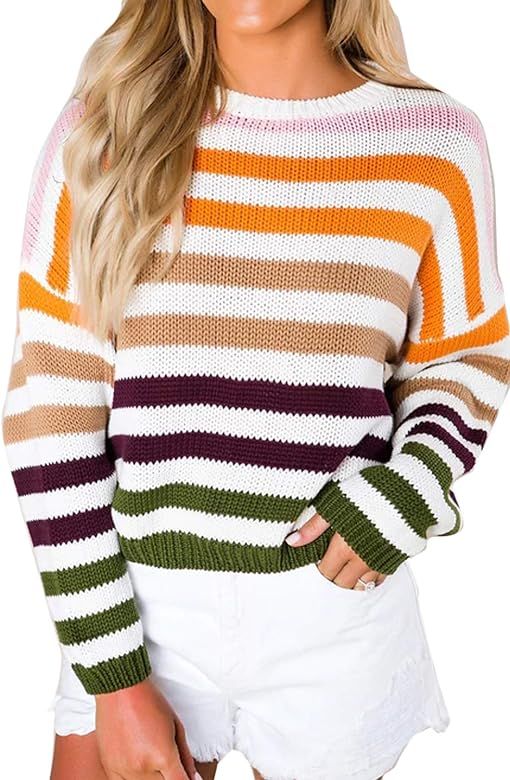 Women's Long Sleeve Crew Neck Striped Color Block Casual Loose Knitted Pullover Sweater Tops | Amazon (US)