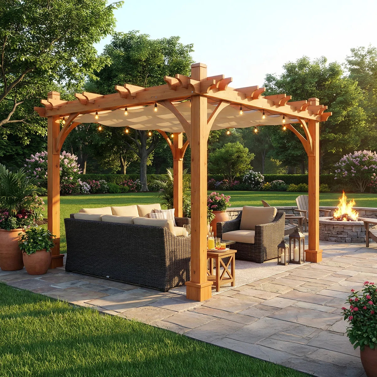 8 ft. W x 12 ft. D Breeze Solid Cedar Wood Pergola with Retractable Canopy | Wayfair North America