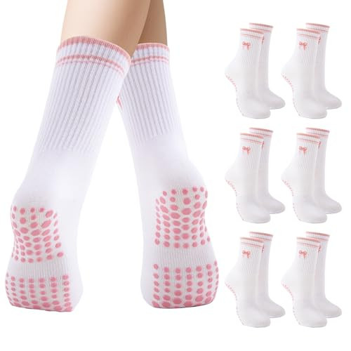 MKYSZLT Pilates Grip Socks for Women Non Slip Grippy Yoga Socks Cute Crew Athletic Coquette Sock with Embroidered Pink Bow Womens Grips Sock for Barre Gym Workout Ballet Dance Hospital - 6 Pairs | Amazon (US)