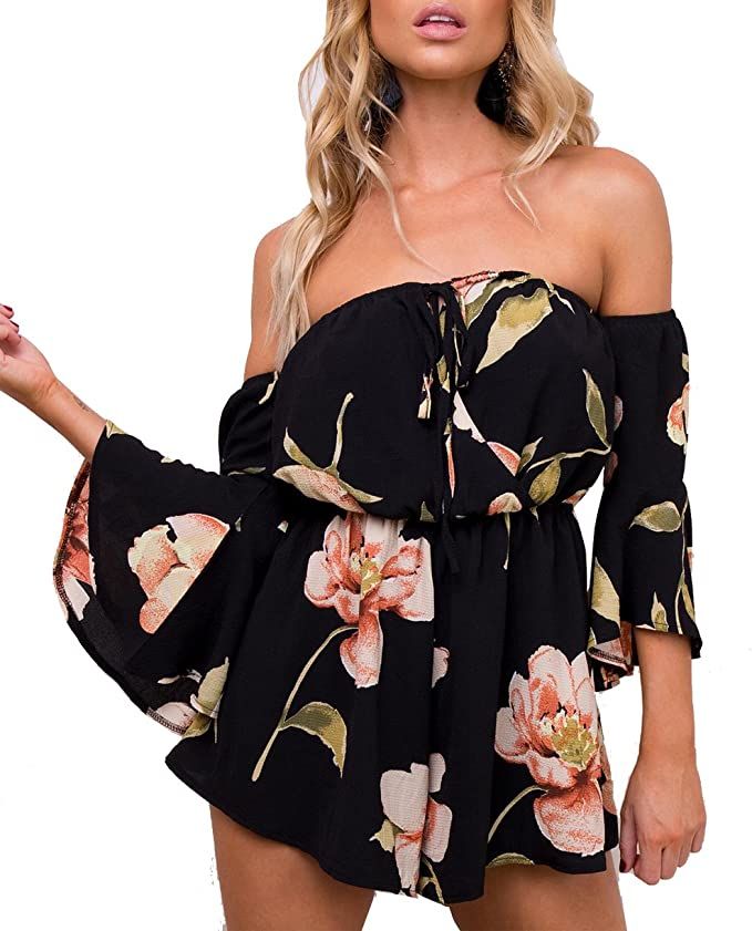 Relipop Women's Summer Floral Off Shoulder 3/4 Flared Sleeve Romper Jumpsuit | Amazon (US)