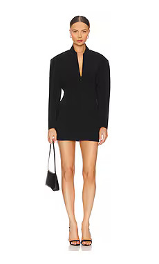 Norma Kamali Oversized Long Sleeve Shoulder Pad Front Zip Mini Dress in Black from Revolve.com | Revolve Clothing (Global)