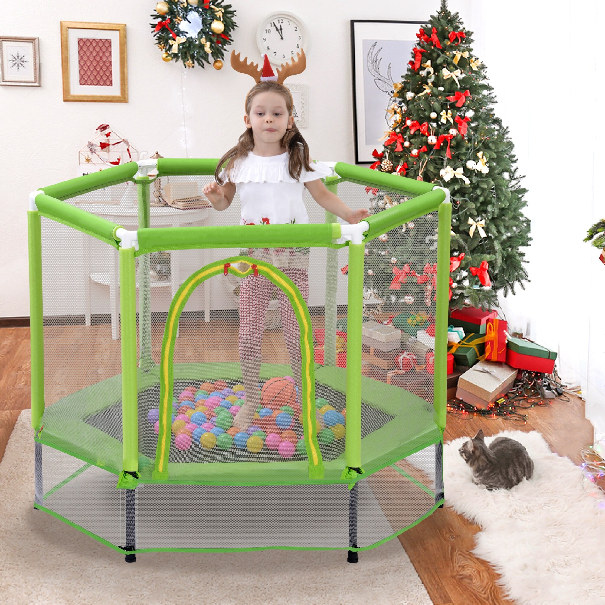 Indoor Kids Trampoline, 5' Mini Trampoline with Enclosure Net - Green | Bed Bath & Beyond