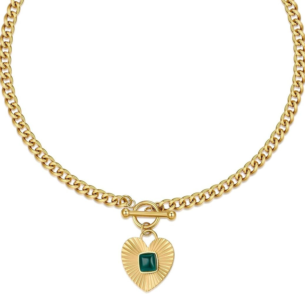 18K Gold Love Heart Evil Eye Pendant Necklace, Toggle Clasp Interlocking Heart Chain Necklace Pla... | Amazon (US)