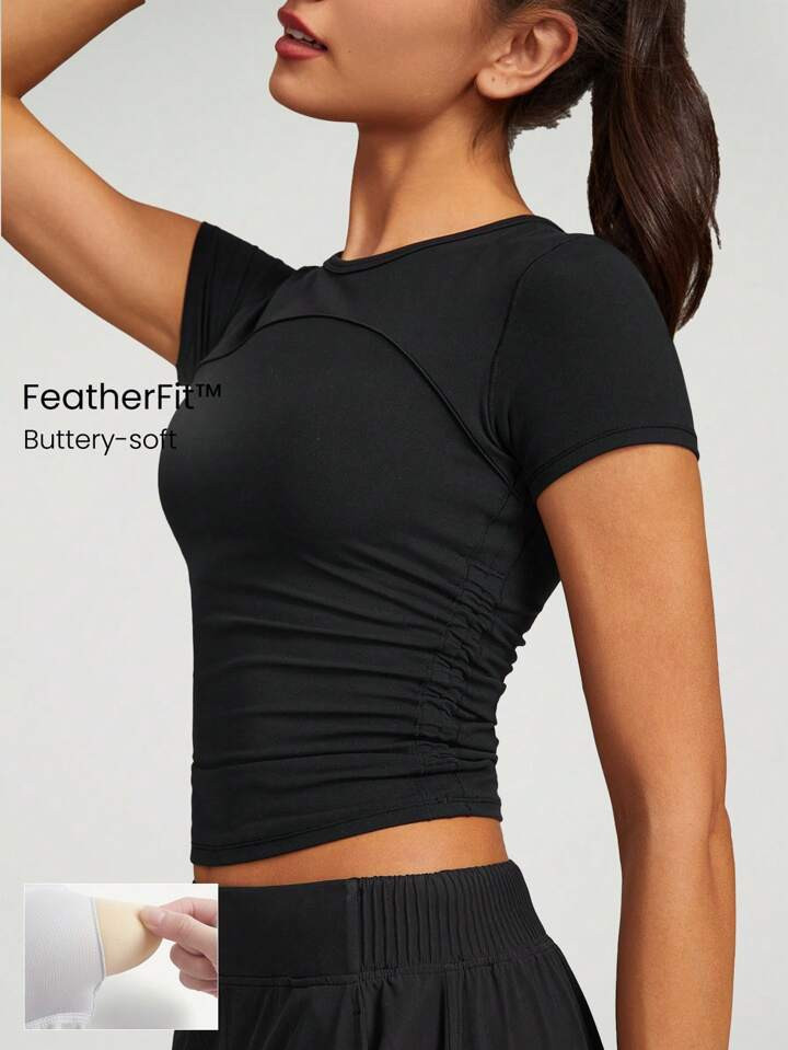 GLOWMODE FeatherFit™ Focus Drawstring Pleated Short Sleeve Baby Tee Light Support Low Impact Yoga Studio Gym Summer | SHEIN