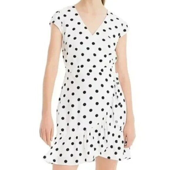 J Crew Polka Dots Faux Wrap Dress Womens 6P Ruffled Front V Neck White Black | Poshmark