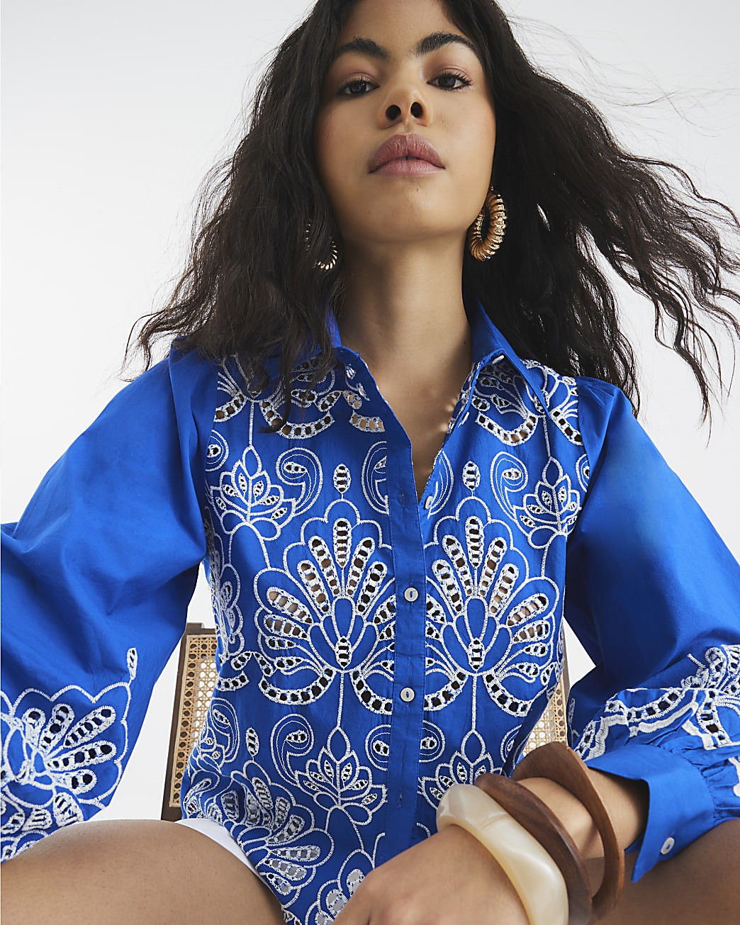 Blue Long Sleeve Cutwork Shirt | River Island UK & IE
