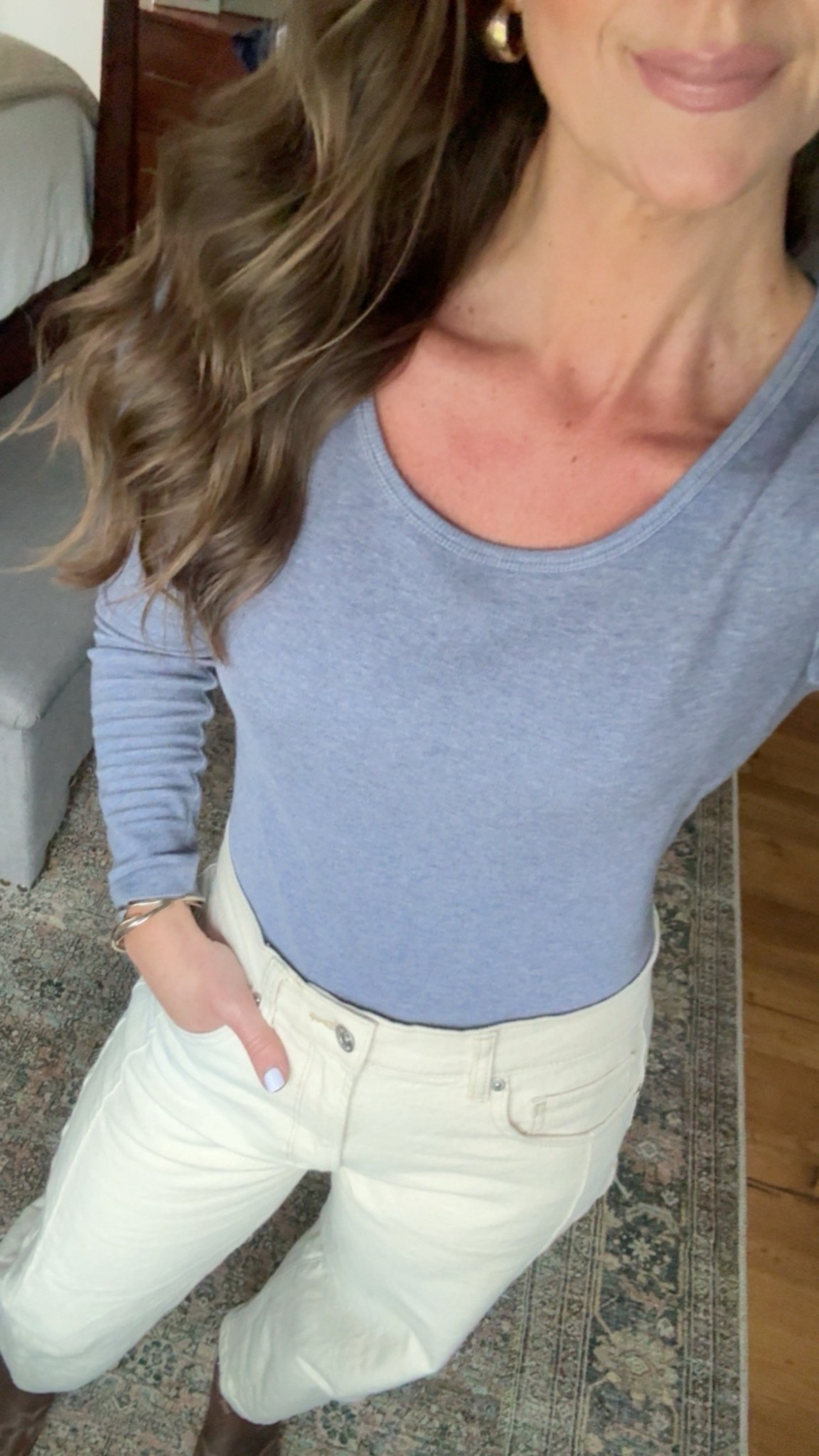 So impressed with both these Walmart pieces. The bodysuits and the barrel pants. The bodysuit is super soft and stretchy. I did a medium but my normal small would be fine. The khakis are incredibly soft and nice. They run a little bigger.. I’m in a 2. So if in between sizes like myself I went down.