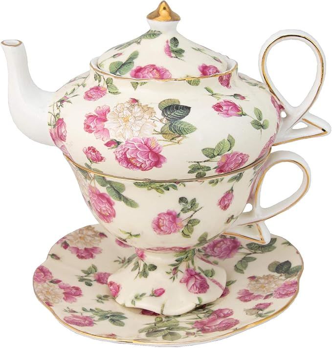 Gracie China by Coastline Imports 4-Piece Porcelain Tea for One, Stacked Teapot Cup Saucer, Pink ... | Amazon (US)