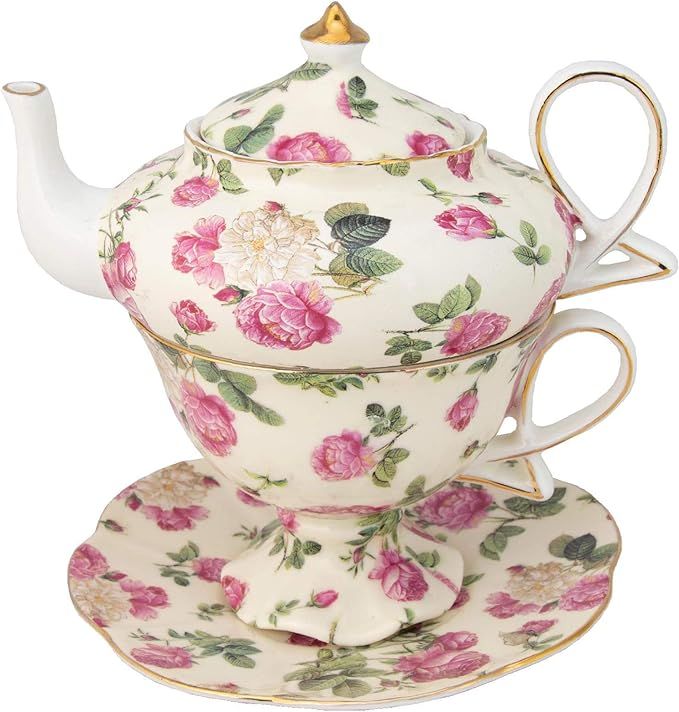 Gracie China by Coastline Imports 4-Piece Porcelain Tea for One, Stacked Teapot Cup Saucer, Pink ... | Amazon (US)