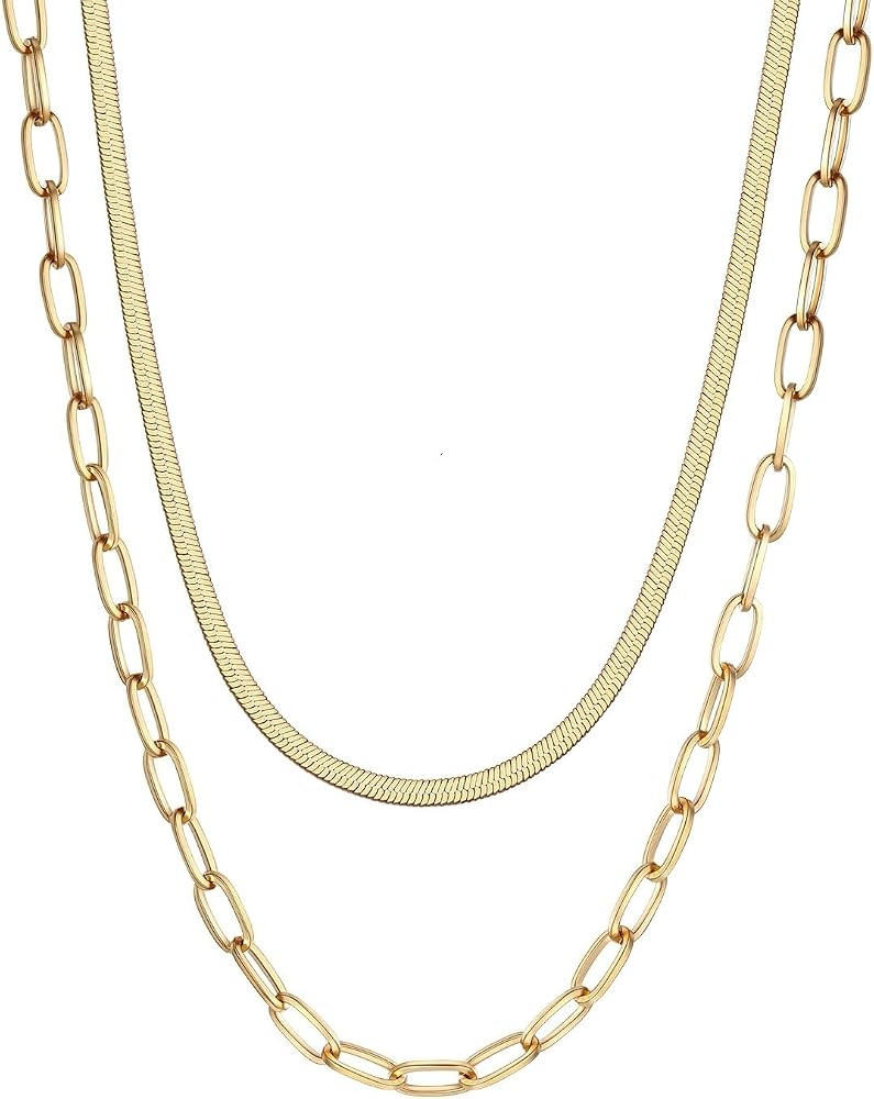 FOCALOOK 14K Gold Plated Necklaces for Women, Fashion Herringbone Choker Necklace Stainless Steel... | Amazon (US)