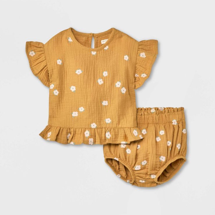 Grayson Collective Baby Girls' Gauze Ruffle Short Sleeve Top & Bottom Set - Yellow | Target