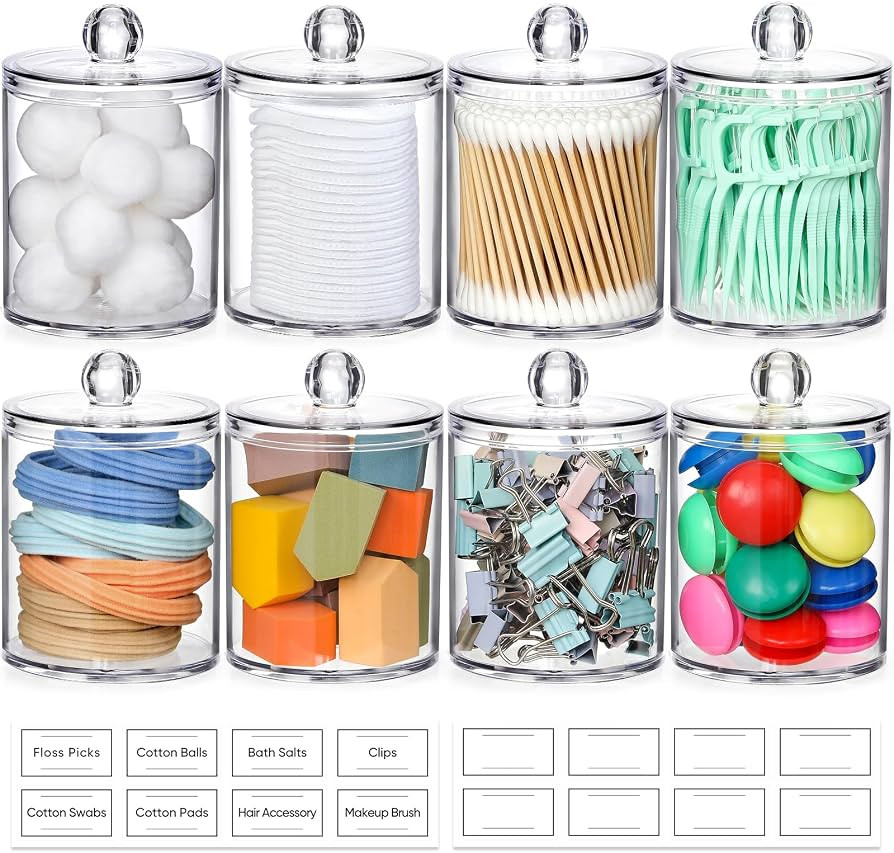AOZITA 8 Pack Acrylic Qtip Holder Dispenser with Lids & Labels, Cotton Swab, Ball, Round Pads, Fl... | Amazon (US)