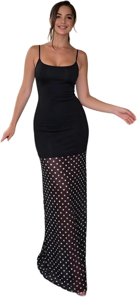 Black Spaghetti Strap Dress, Sleeveless Maxi Dress with Polka Dot Hemline, Long Bodycon Sundress ... | Amazon (US)