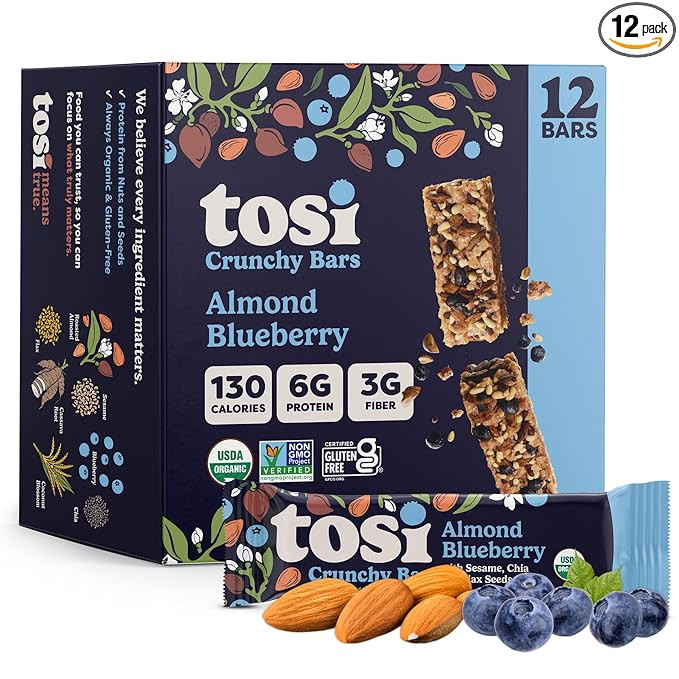 Tosi Nut Bars, Almond Blueberry, Healthy Snacks for Adults & Kids, Plant Based Crunchy Bars (6G P... | Amazon (US)