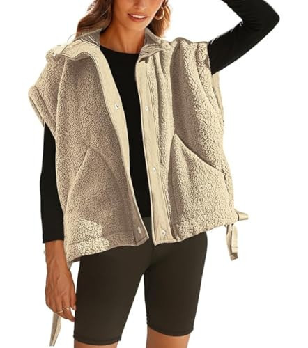 Yozazzy Sherpa Vest Women Oversized Sleeveless Fleece Fuzzy Jacket Winter Zip Up Gilet Outerwear with Pockets(Khaki-S) | Amazon (US)