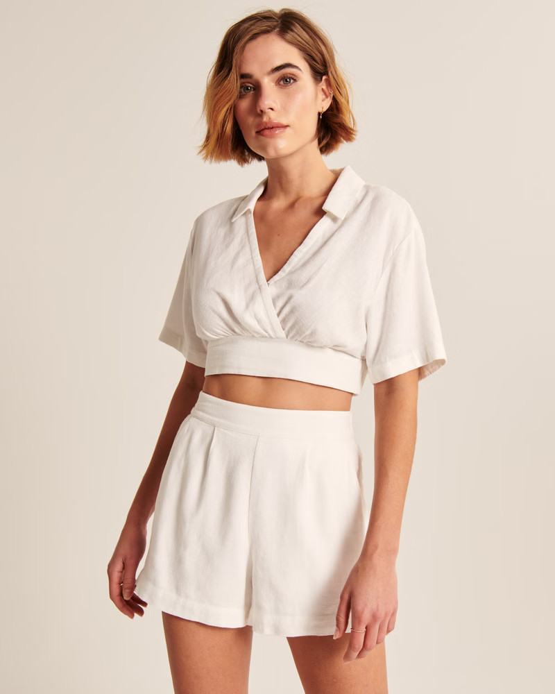 Short-Sleeve Wrap Front Linen-Blend Top | Abercrombie & Fitch (US)