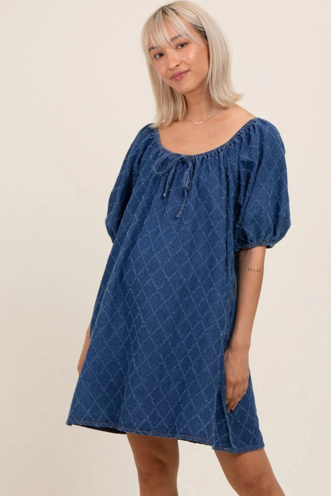 Navy Chambray Jacquard Puff Sleeve Maternity Mini Dress | PinkBlush Maternity