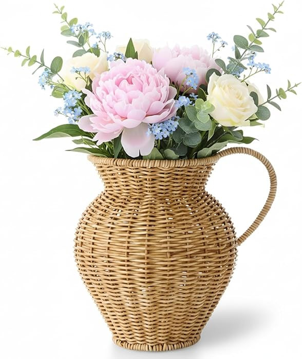 Acellegic 9" Tall Faux Wood Rattan Vase Wicker Vase Country Style Home Decor 6.3 x 7.67 x 9 Inch ... | Amazon (US)