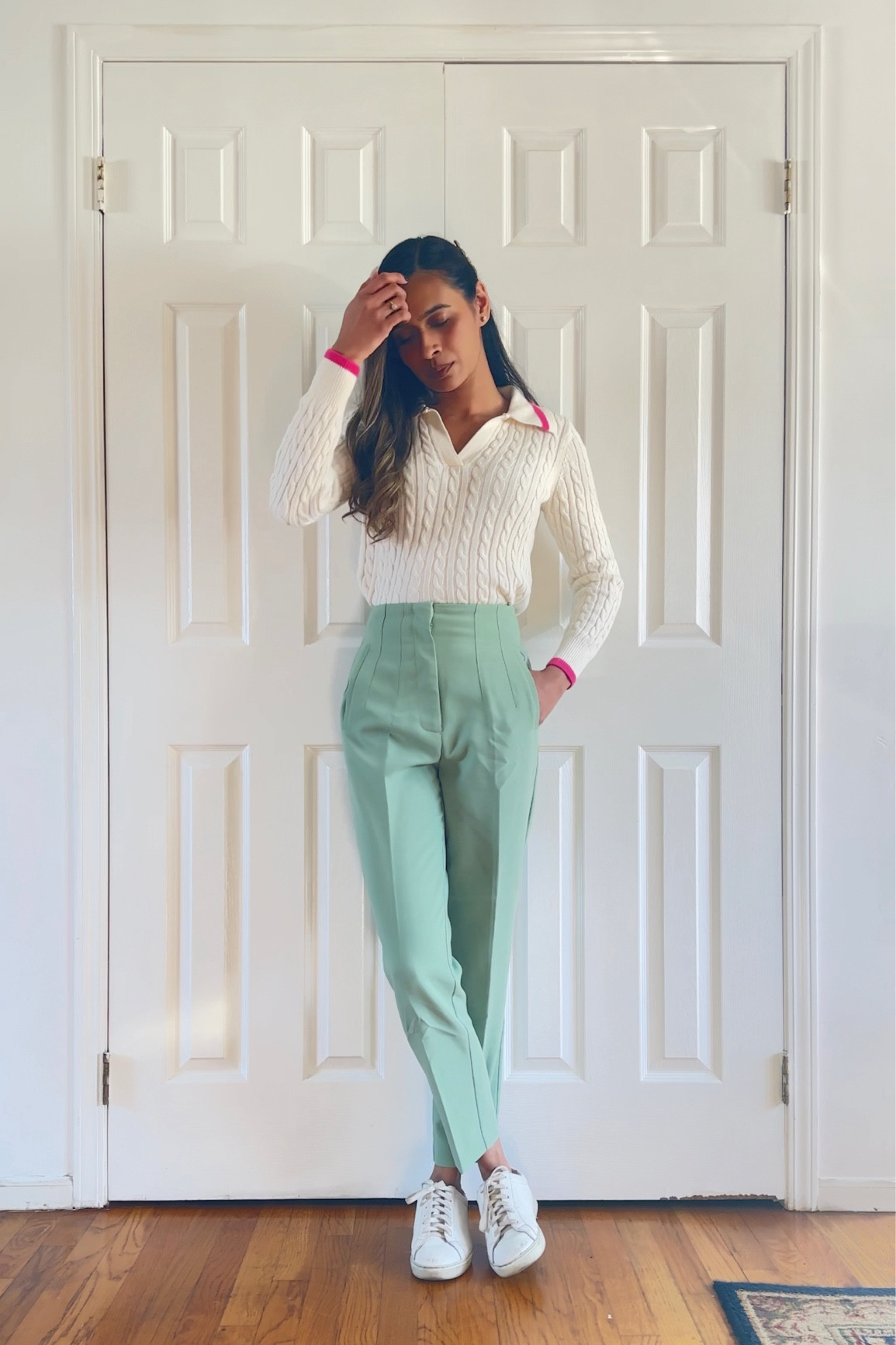 Spring sophistication meets Easter charm! Elevate your wardrobe with pastel green pants and a preppy cable knit sweater adorned with pink details. Whether it's a day at the office or an Easter gathering, this ensemble exudes timeless style and seasonal flair. 🌷 #SpringFashion #EasterChic #CorporateStyle

#LTKfindsunder100 #LTKworkwear #LTKSeasonal