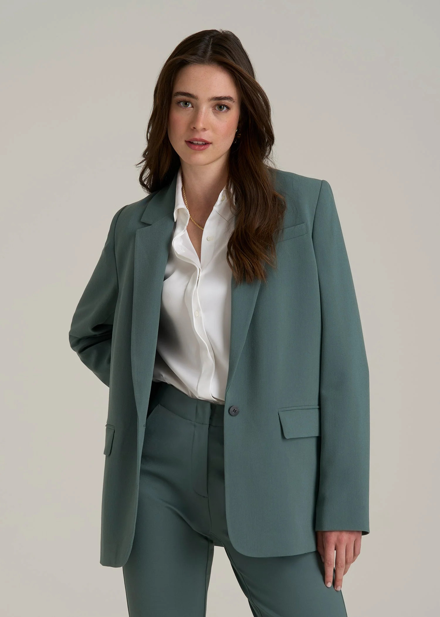 Boyfriend Fit Single-Button Blazer for Tall Women in Balsam Green | American Tall