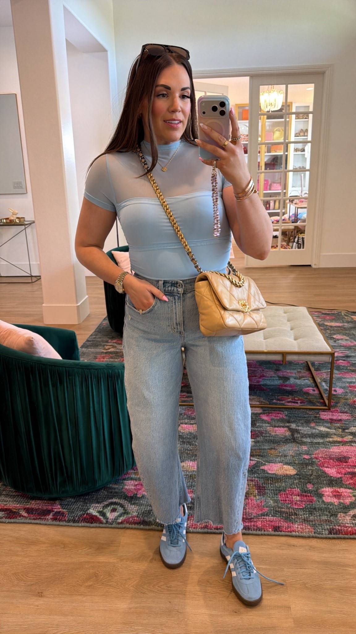 curvy midsize casual spring look! wearing size large in blue sheer bodysuit and size 29 in light wash barrel denim 🩵 

#LTKSeasonal #LTKMidsize