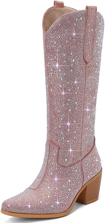 WUDPUNDR Sparkly Rhinestone Western Cowboy Boots for Women Glitter Cowgirl Boots Knee High Chunky... | Amazon (US)