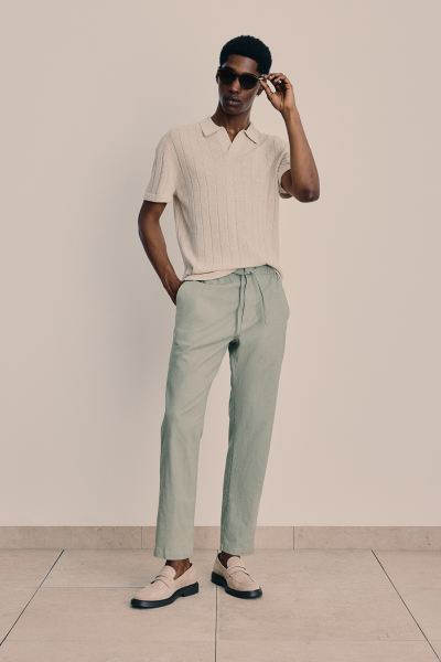 Regular Fit Linen-blend Pants - Regular waist - Long - Cream - Men | H&M US | H&M (US + CA)