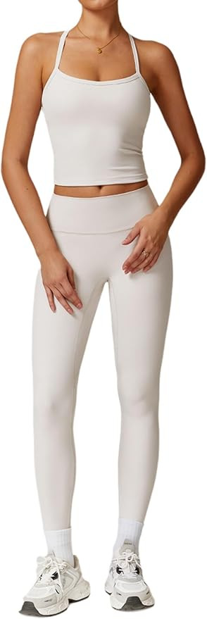 Womens Workout Sets Two Piece Cross Back Tank Top Matching High Waist Leggings Sets Gym Outfits W... | Amazon (US)