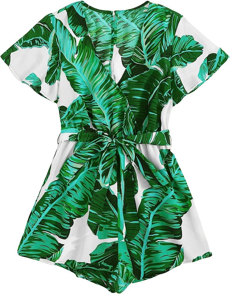 MakeMeChic Women's Plus Size Tropical Print Belted Tie Back Ruffle Trim Romper | Amazon (US)