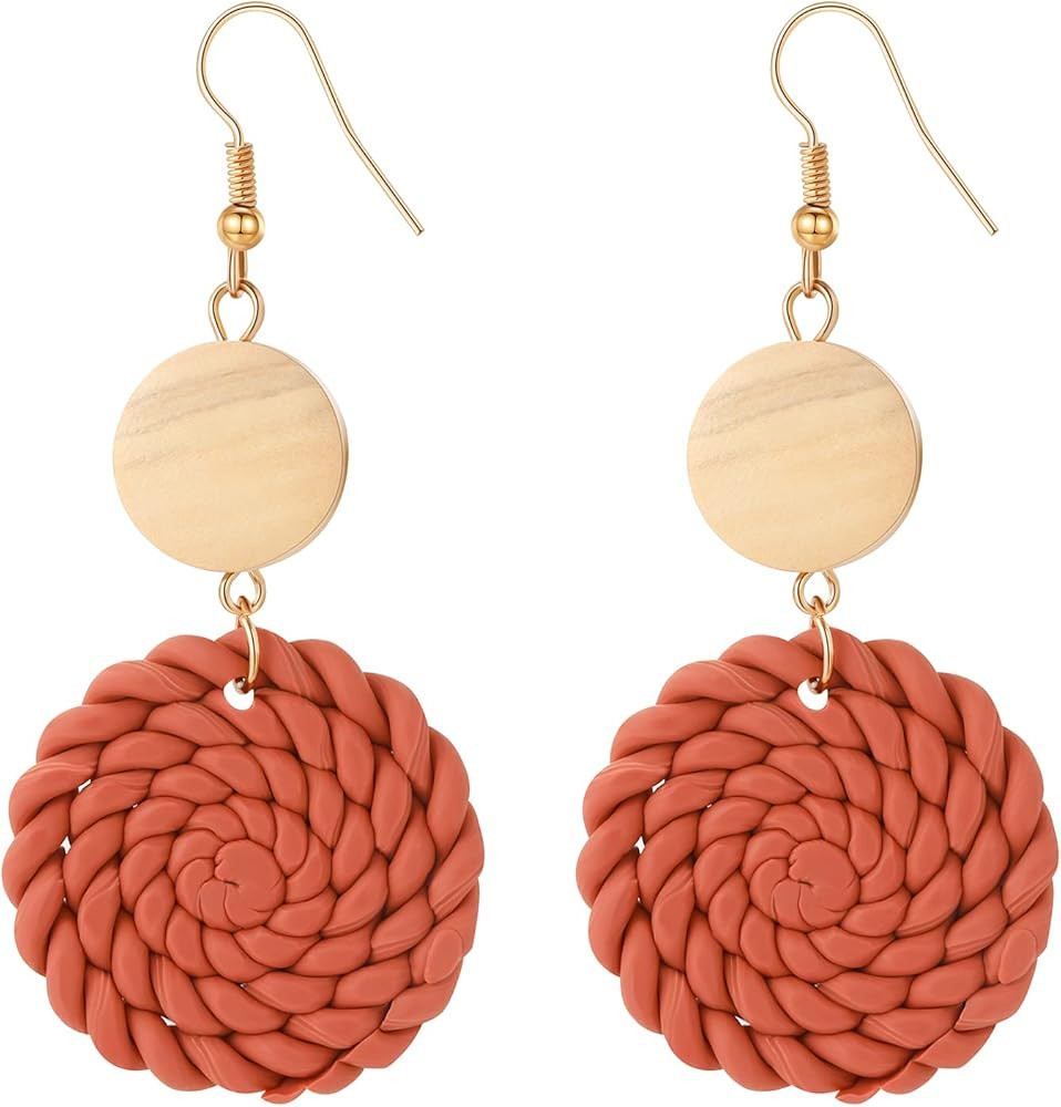 PWUEITR Clay Dangle Earrings Handmade Braided Rattan Earrings Round Square Heart Earrings Vintage... | Amazon (US)
