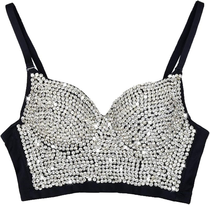 ELLACCI Women's Rhinestone Diamond Push up Bustier Crop Top Sexy Punk Corset Bra Black | Amazon (US)