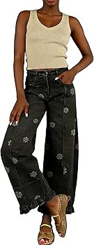 utcoco Barrel Jeans Women 2026 Floral Print Wide Leg Jeans Y2k Patchwork Baggy Boyfriend Denim Pa... | Amazon (US)