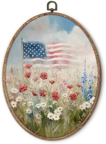 Hxlac Vintage Wildflower American Flag Oval Wall Art Framed, 4th of July Patriotic Oval Wall Deco... | Amazon (US)