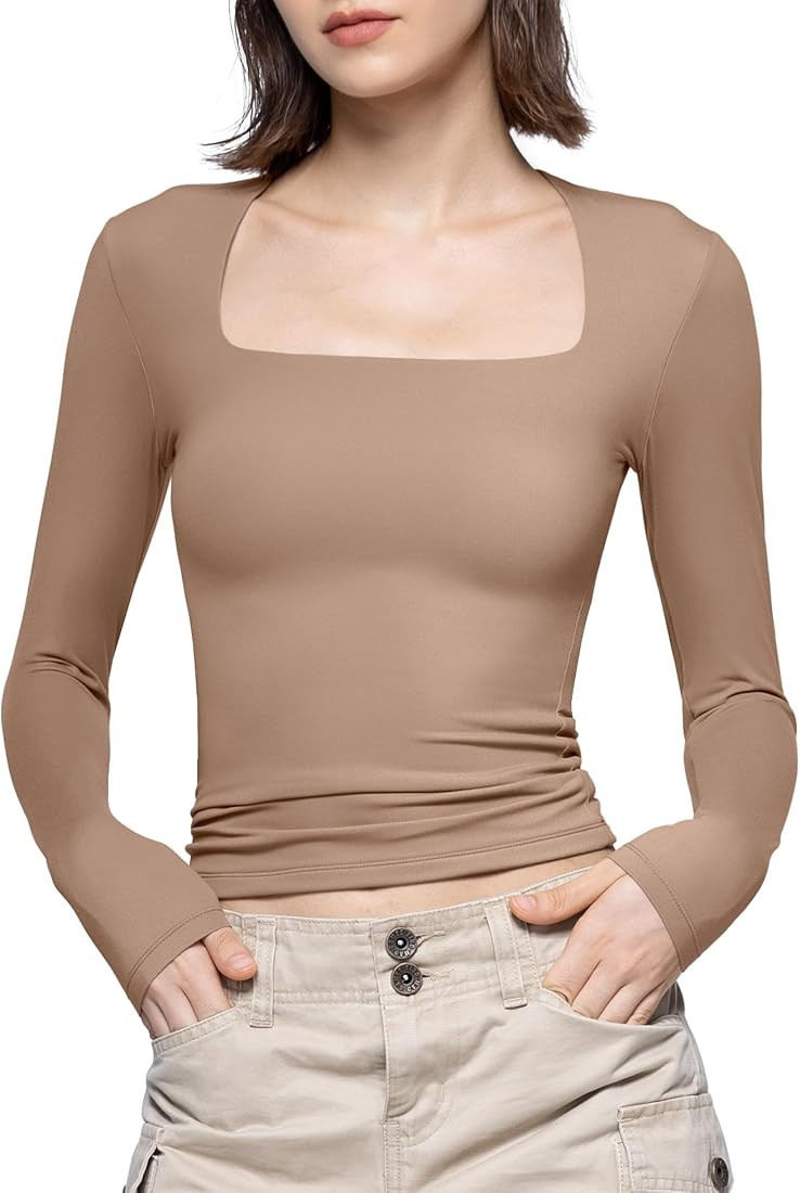 PUMIEY Women's Square Neck Long Sleeve T Shirts Slim Fit Tops Basic Tee Smoke Cloud Pro Collection | Amazon (US)