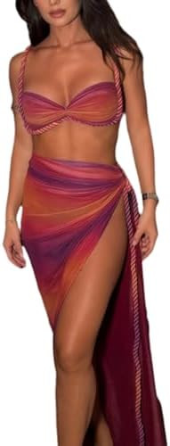 THLAI Women's 2 Piece Print Skirt Sets Bra Top Maxi Skirt With Slit Sexy Vacation Outfits | Amazon (US)