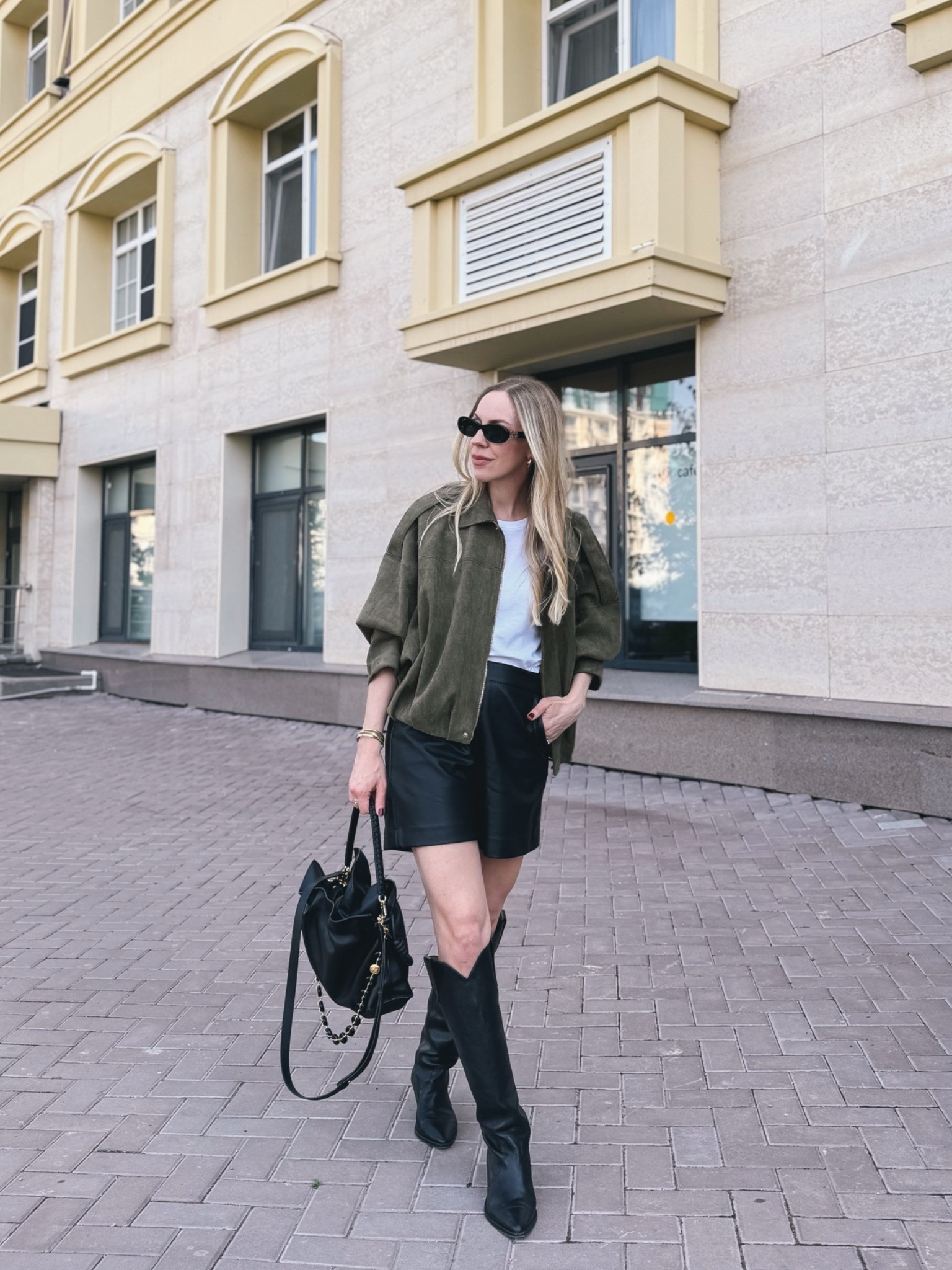 Early fall outfit with faux suede bomber jacket, leather shorts, cowboy boots

#LTKSeasonal #LTKOver40 #LTKSaleAlert