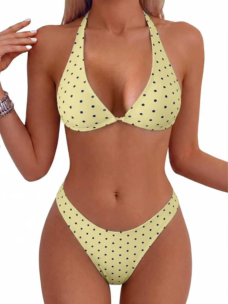 Fanuerg Women's Triangle Bikini Sets Halter String Two Piece Swimsuits High Cut Cheeky Bathing Su... | Amazon (US)