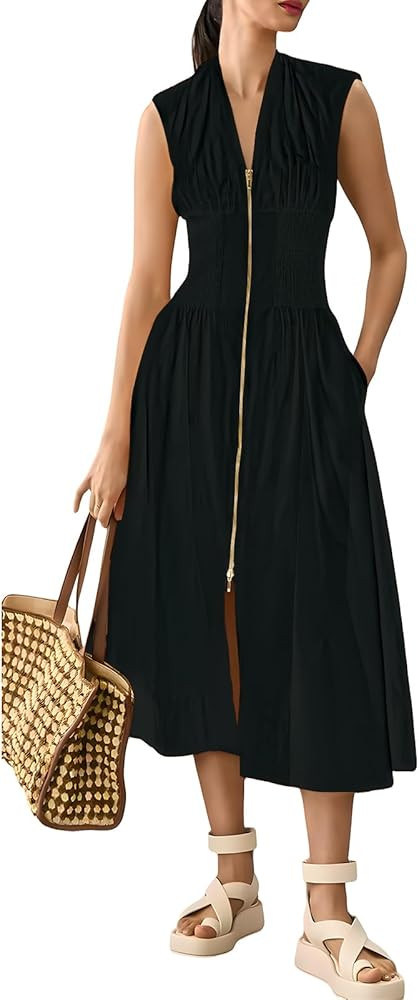 Womens Dress Deep V Neck Zip Up Cap Sleeve Smocked Elastic Waist Split Summer Casual Midi Dress w... | Amazon (US)