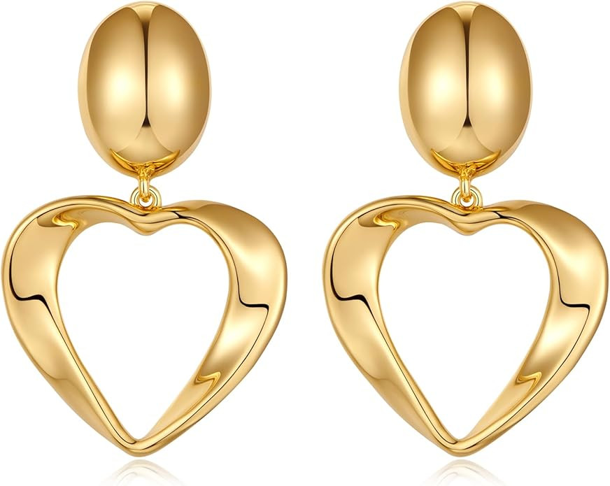 Heart Earrings for Women 14K Gold Plated Dainty Double Heart Drop Dangle Earrings Textured Vintag... | Amazon (US)