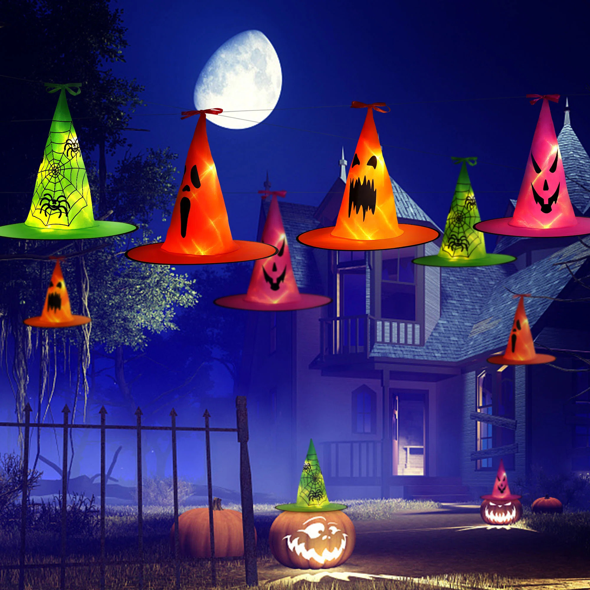 The Holiday Aisle® 8 Halloween Hanging Light-Emitting Witch Hat Decorative Lights | Wayfair | Wayfair North America