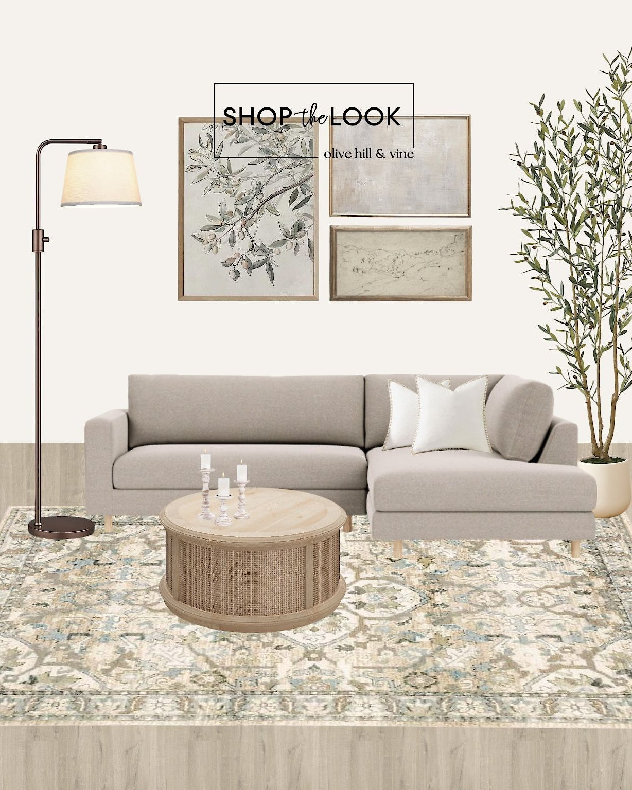 This living room is all about effortless style with neutral beige tones and subtle sage accents. A light brown chaise sofa with white throw pillows pairs beautifully with a round rattan drum lift-top coffee table and a Persian rug. Soft lighting, a faux olive tree, and vintage-inspired art complete the look.  

 

#LTKHome #LTKStyleTip #LTKFamily