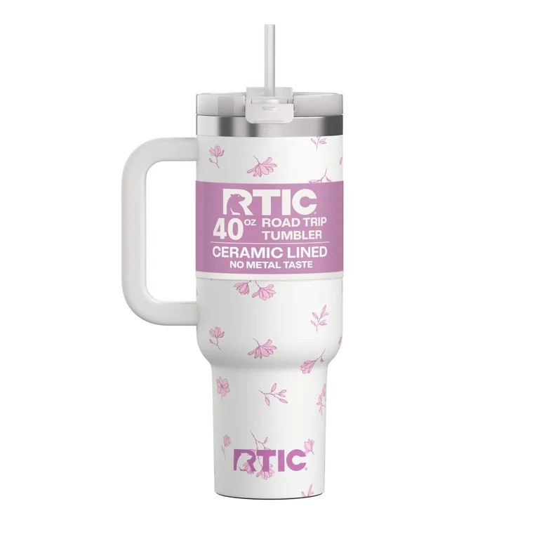 RTIC 40 oz Tumbler, Ceramic Lined, Leak-Resistant Straw Lid, Road Trip, Pink Magnolias | Walmart (US)