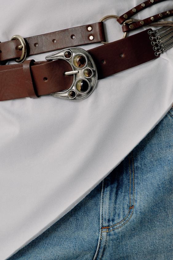 Zara - Wide Leather Belt With Engraved Buckle - Women - Black - Women | Zara US