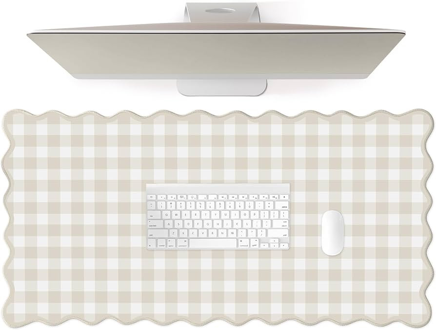 Scallope\u0064\u200c Beige Checkered Gingham Desk Mat Cute Pastel Large Mouse Pad Kawaii Cottagec... | Amazon (US)