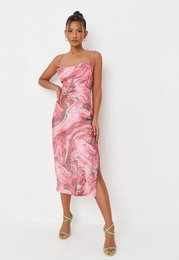 Missguided - Pink Marble Print Satin Cowl Neck Midaxi Dress | Missguided (US & CA)