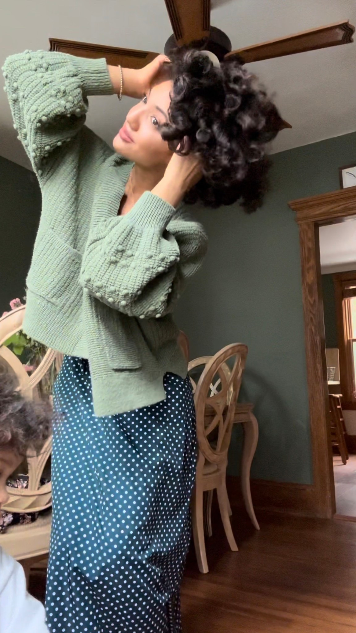 Green Cardigan & Navy Polka Dot Lace Dress ✨🕯️