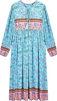 UIMLK Boho Maxi Dresses for Women Casual Summer, Cotton Long Sleeve Floral Print Tassel Bohemian ... | Amazon (US)