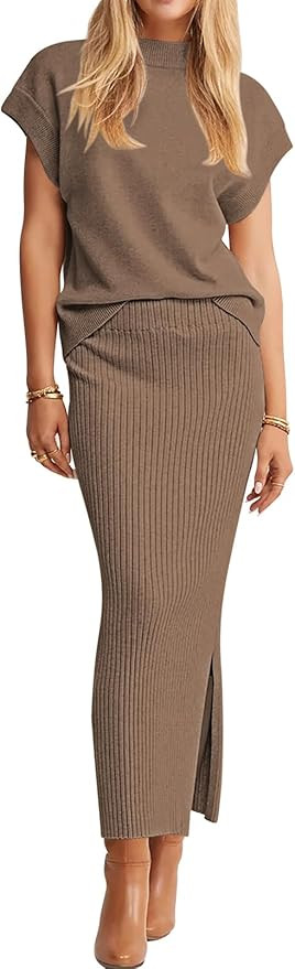 Pink Queen Women's 2 Piece Sweater Outfits Set Summer Cap Sleeve Tops Bodycon Maxi Long Skirt Kni... | Amazon (US)