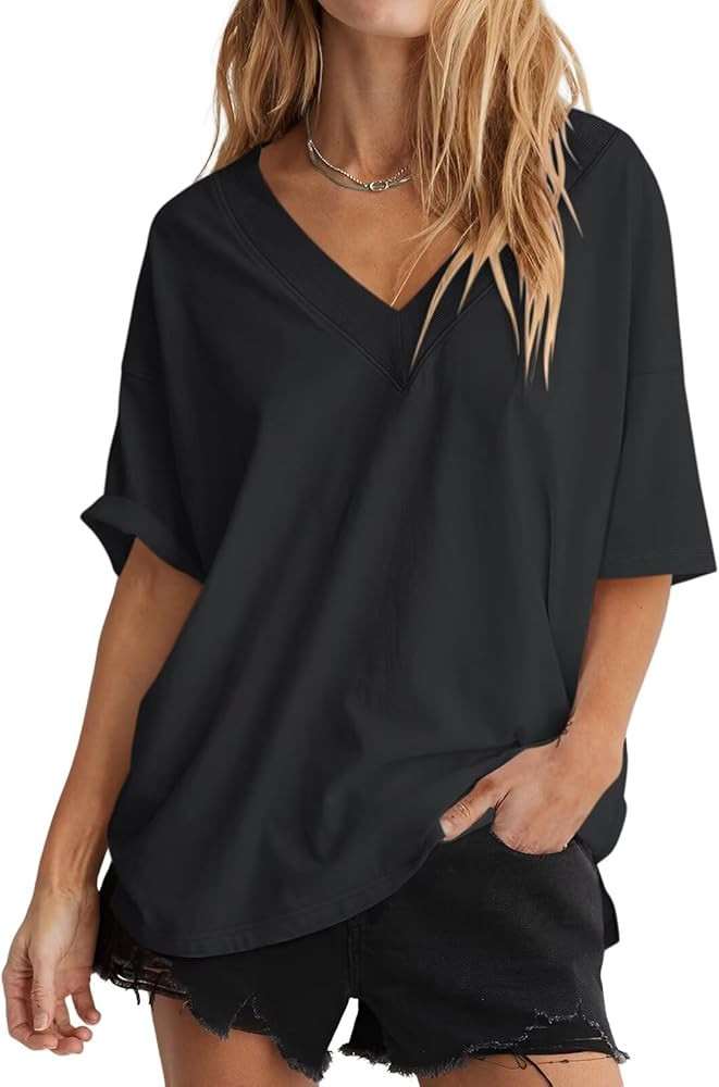 Womens Cotton Ribbed Trim V Neck T Shirts Oversized Short Sleeve Tees Trendy Loose Fit Tops Summe... | Amazon (US)
